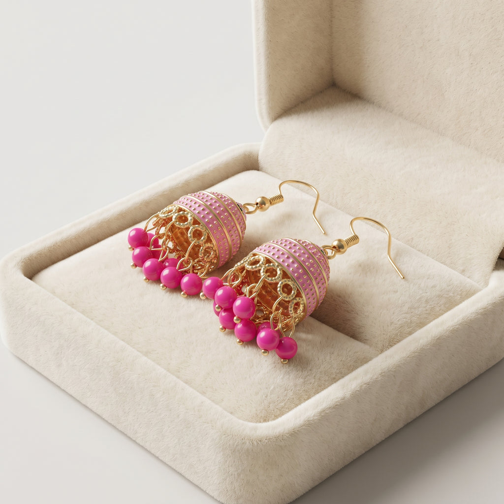 Blossom Pink Jhumka - Handcrafted Gold-Toned Indian Ethnic Danglers