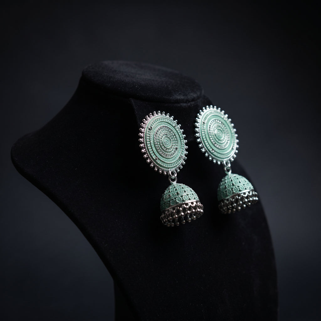Mint Green Silver Jhumka - Handcrafted Pastel Ethnic Statement Earrings