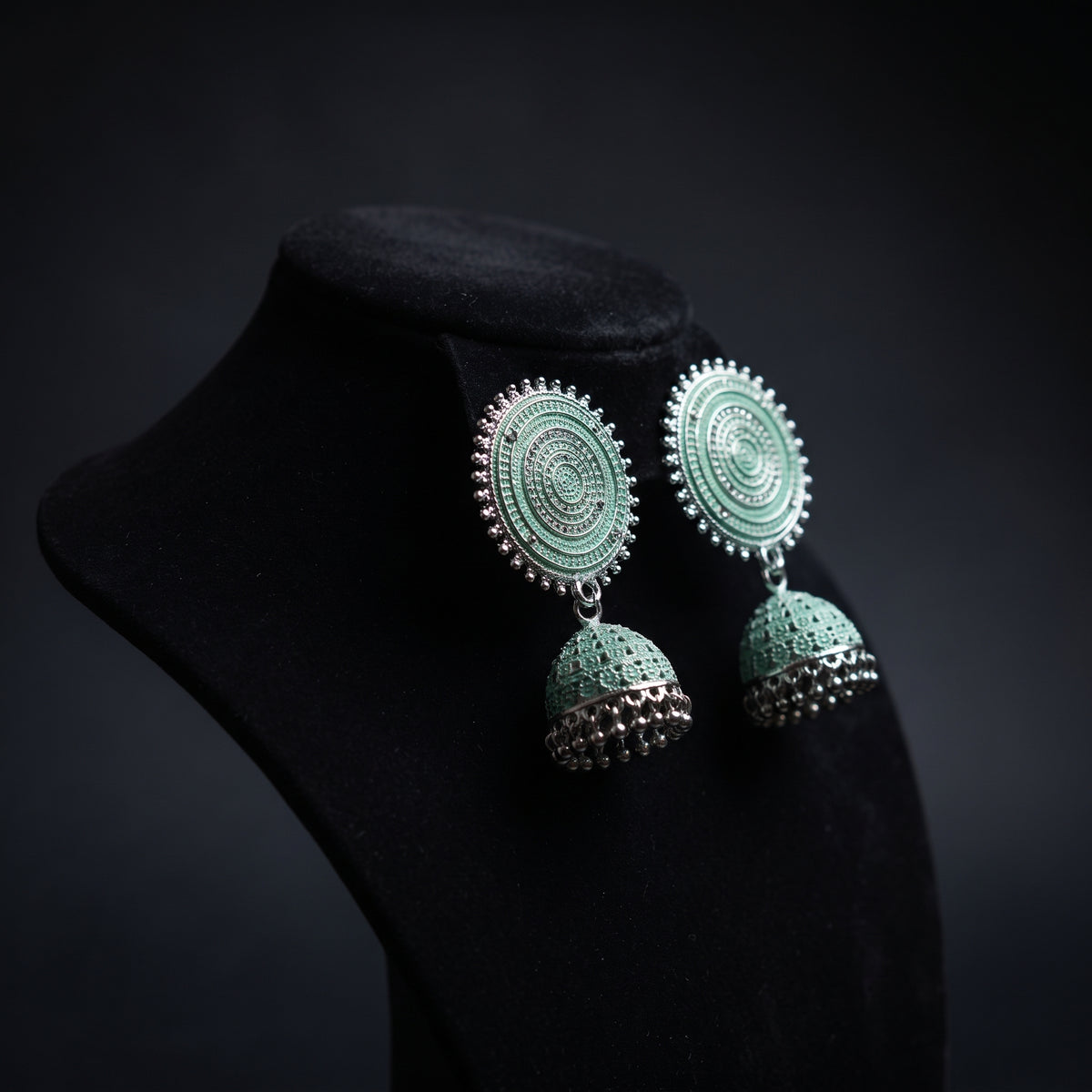 Mint Green Silver Jhumka - Handcrafted Pastel Ethnic Statement Earrings