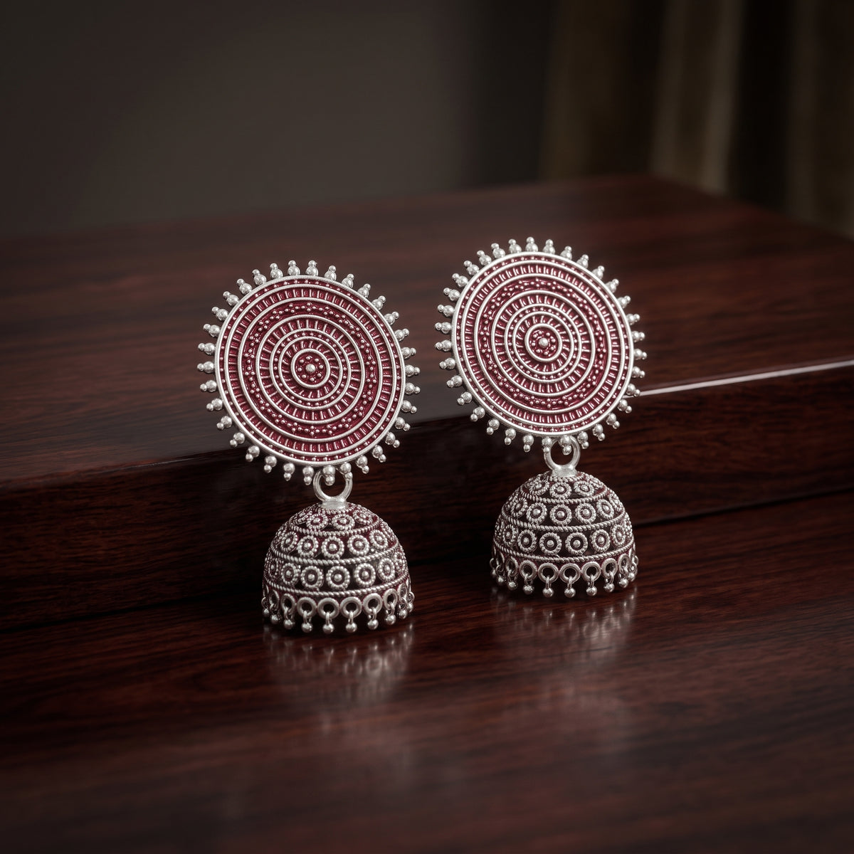 Silver Maroon Jhumka Earrings - Circular Mandala Stud & Bell Drop Earrings