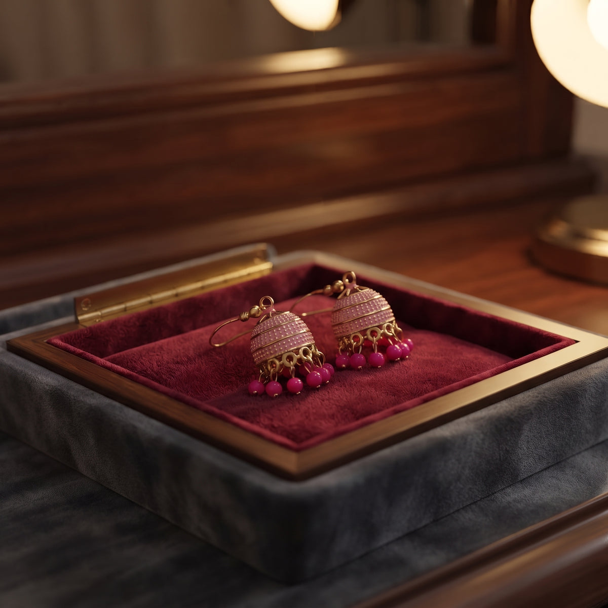 Blossom Pink Jhumka - Handcrafted Gold-Toned Indian Ethnic Danglers