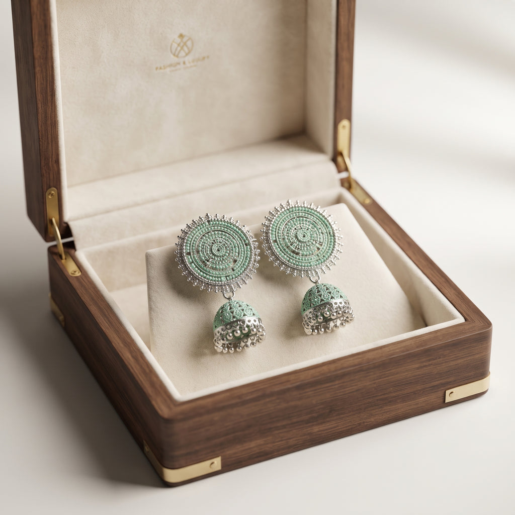 Mint Green Silver Jhumka - Handcrafted Pastel Ethnic Statement Earrings