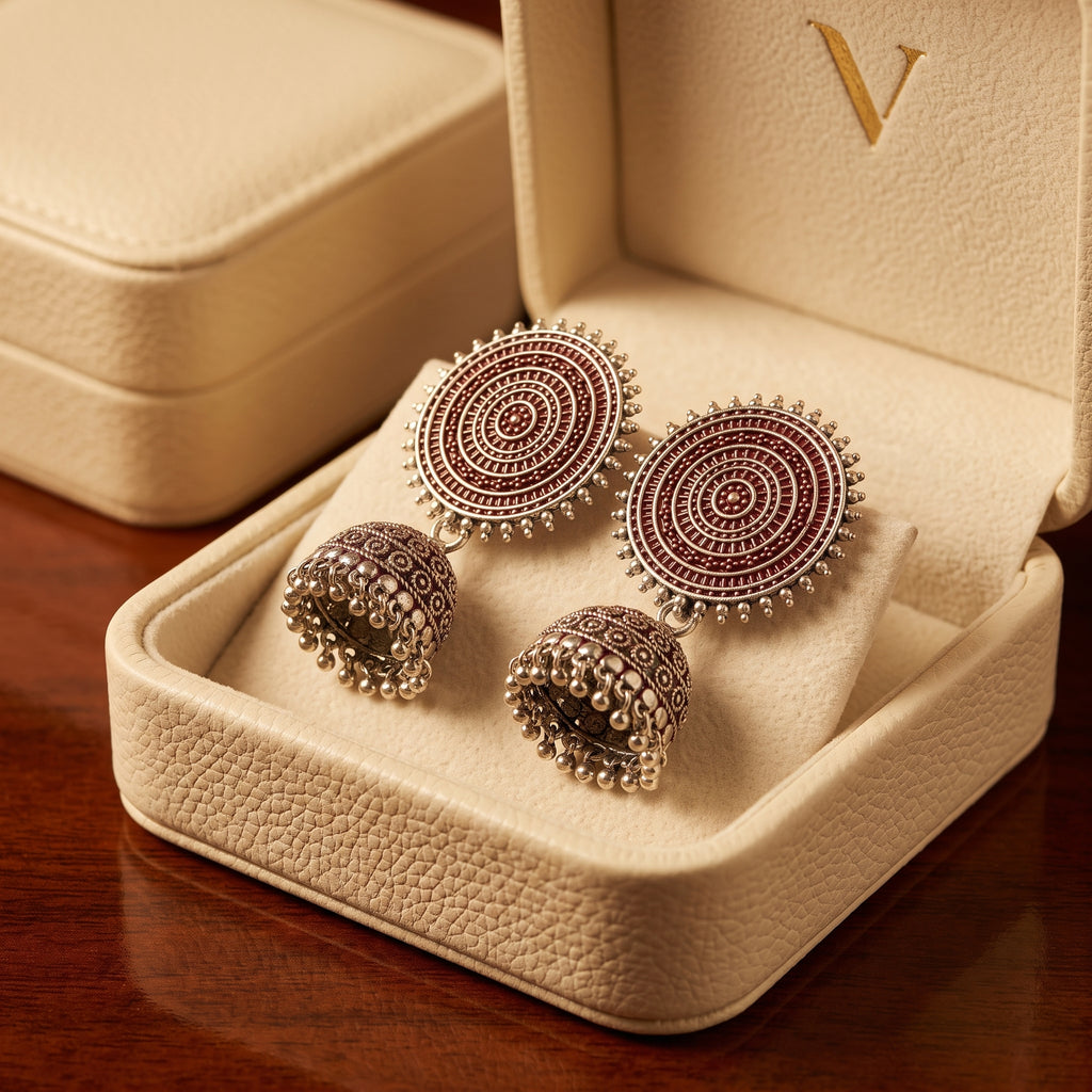 Silver Maroon Jhumka Earrings - Circular Mandala Stud & Bell Drop Earrings