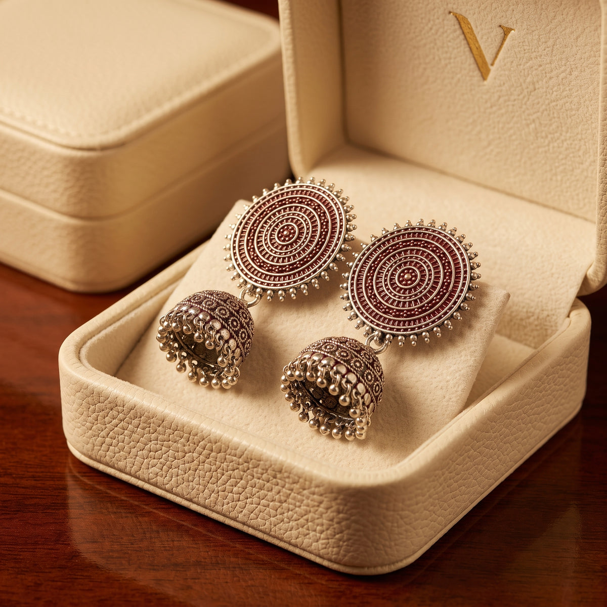 Silver Maroon Jhumka Earrings - Circular Mandala Stud & Bell Drop Earrings