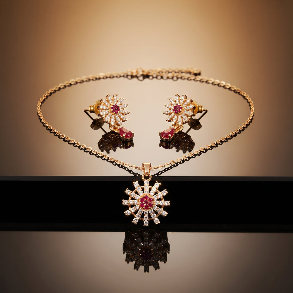 Red Ruby Starburst Necklace Set - Gold Plated Pendant & Drop Earring Set