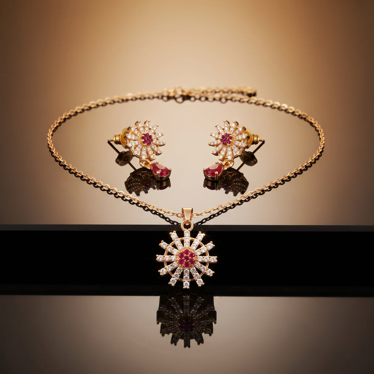 Red Ruby Starburst Necklace Set - Gold Plated Pendant & Drop Earring Set