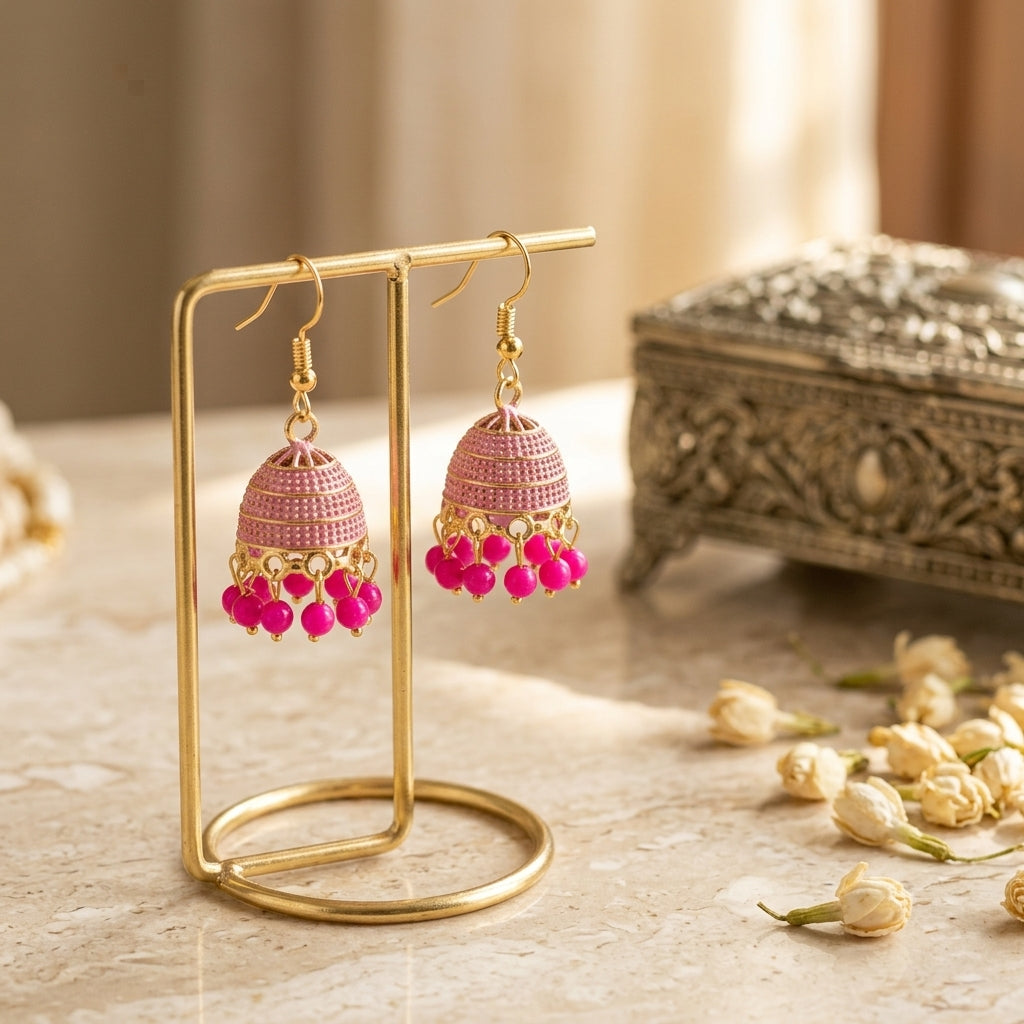 Blossom Pink Jhumka - Handcrafted Gold-Toned Indian Ethnic Danglers