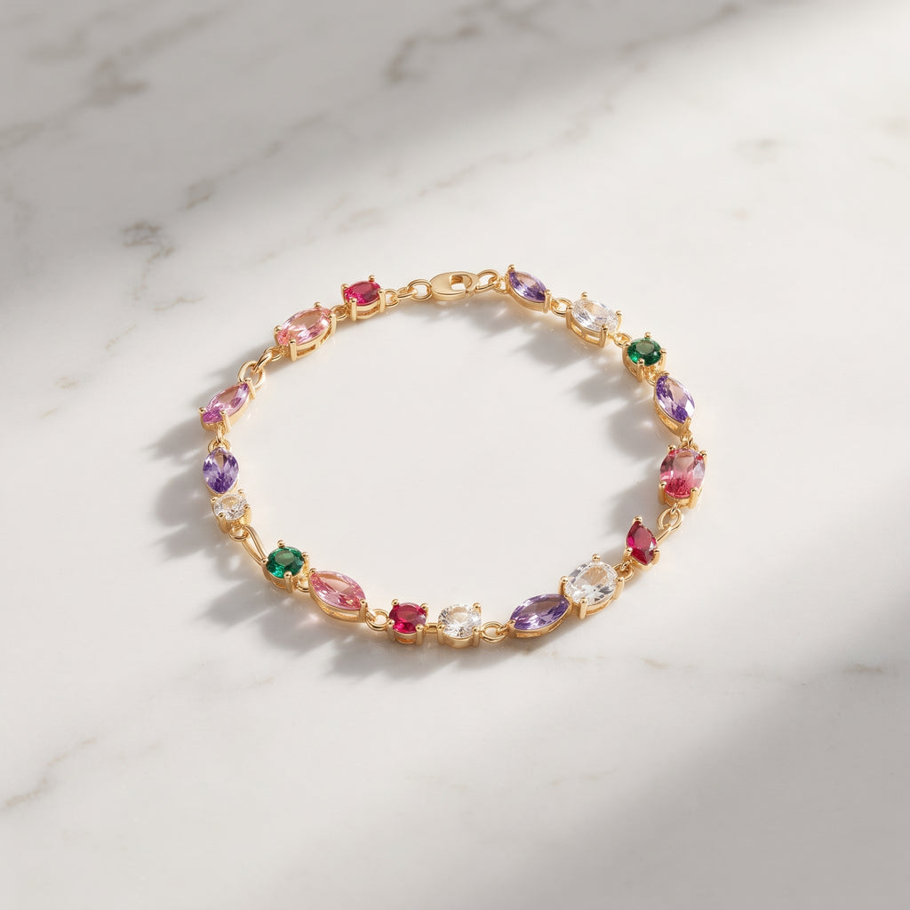 The Tulip Blossom Bracelet - Gold Multi-Gemstone Floral Link Bracelet