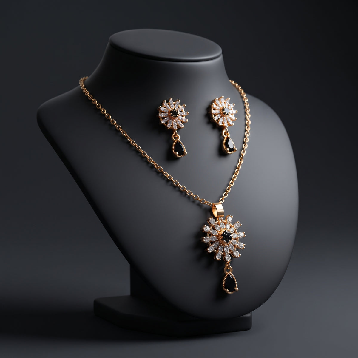 Black Crystal Starburst Necklace Set - Gold Plated Pendant & Drop Earring Set