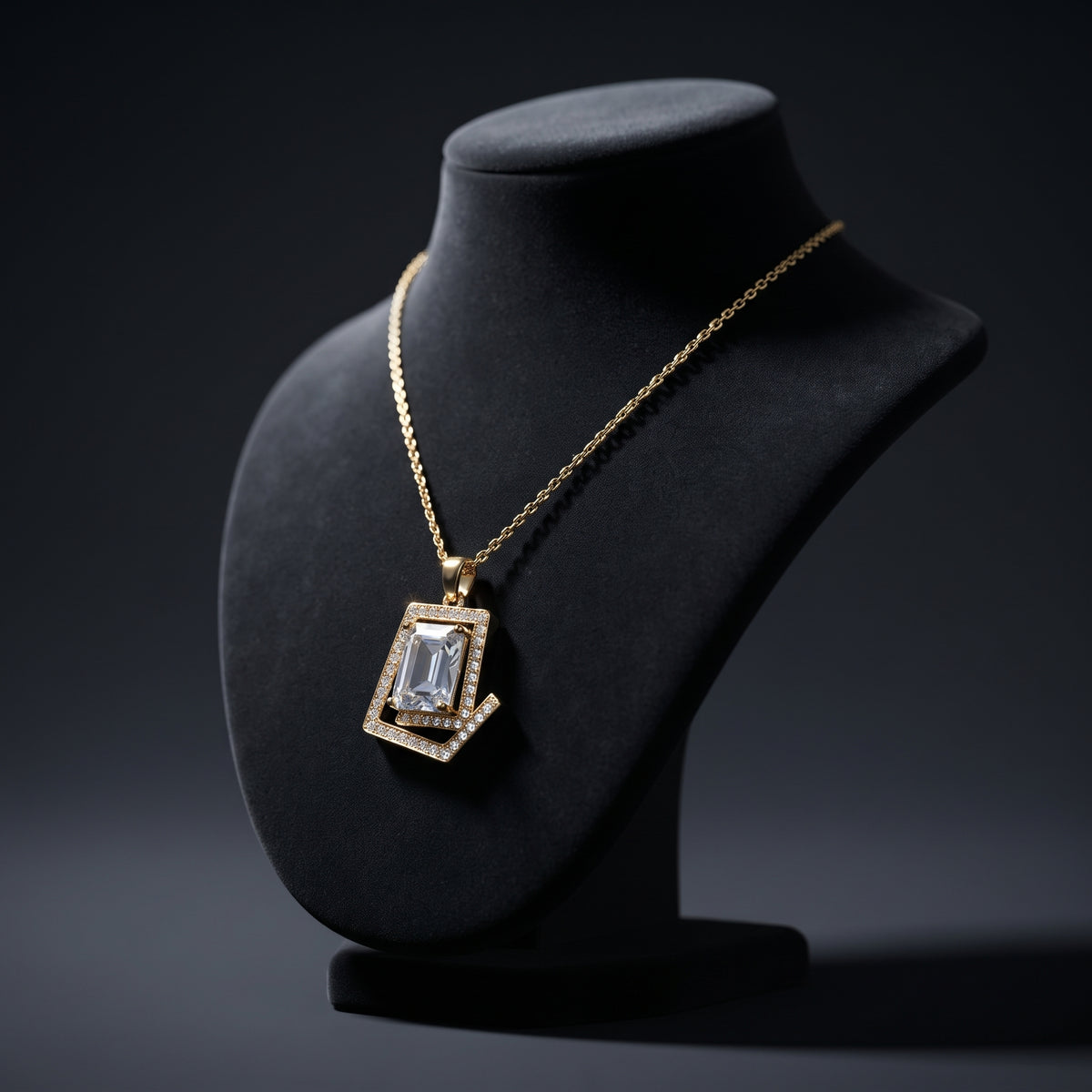Light Blue Crystal Pendant Necklace - Gold Plated Emerald Cut Geometric Halo