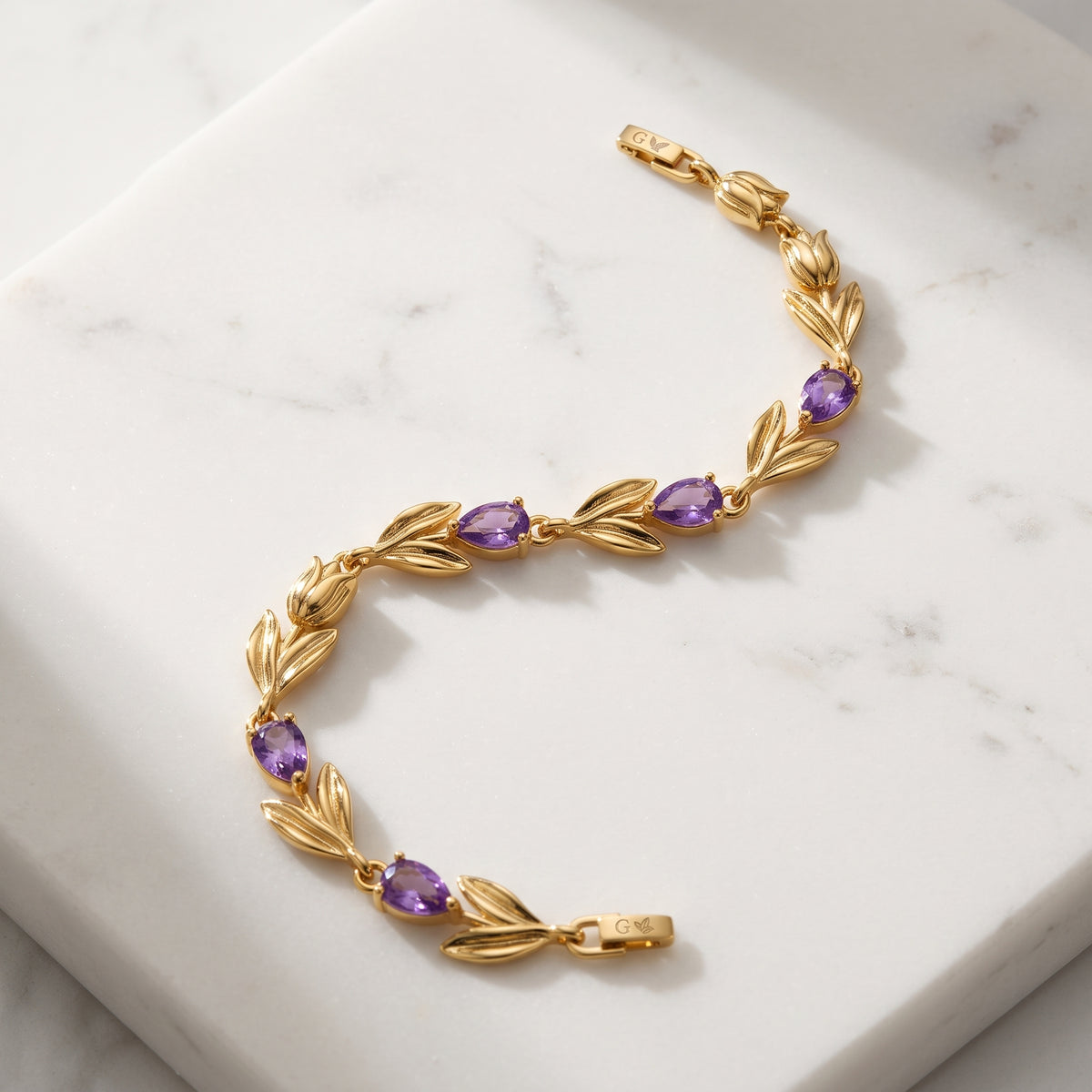 Gold Amethyst Crystal Bracelet - Floral Tulip Link Gemstone Wristlet