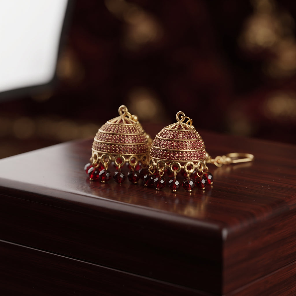 Royal Ruby Jhumki - Handcrafted Gold-Toned Indian Ethnic Danglers