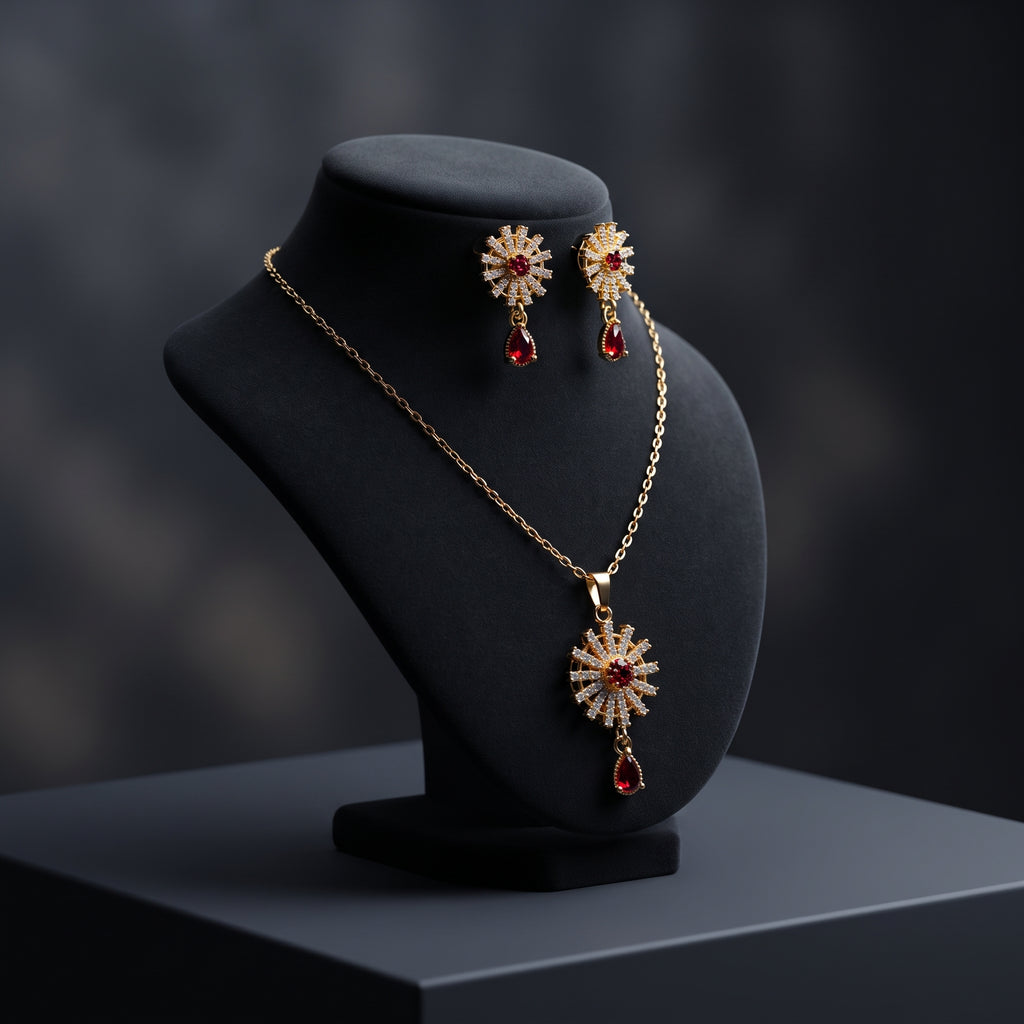 Red Ruby Starburst Necklace Set - Gold Plated Pendant & Drop Earring Set