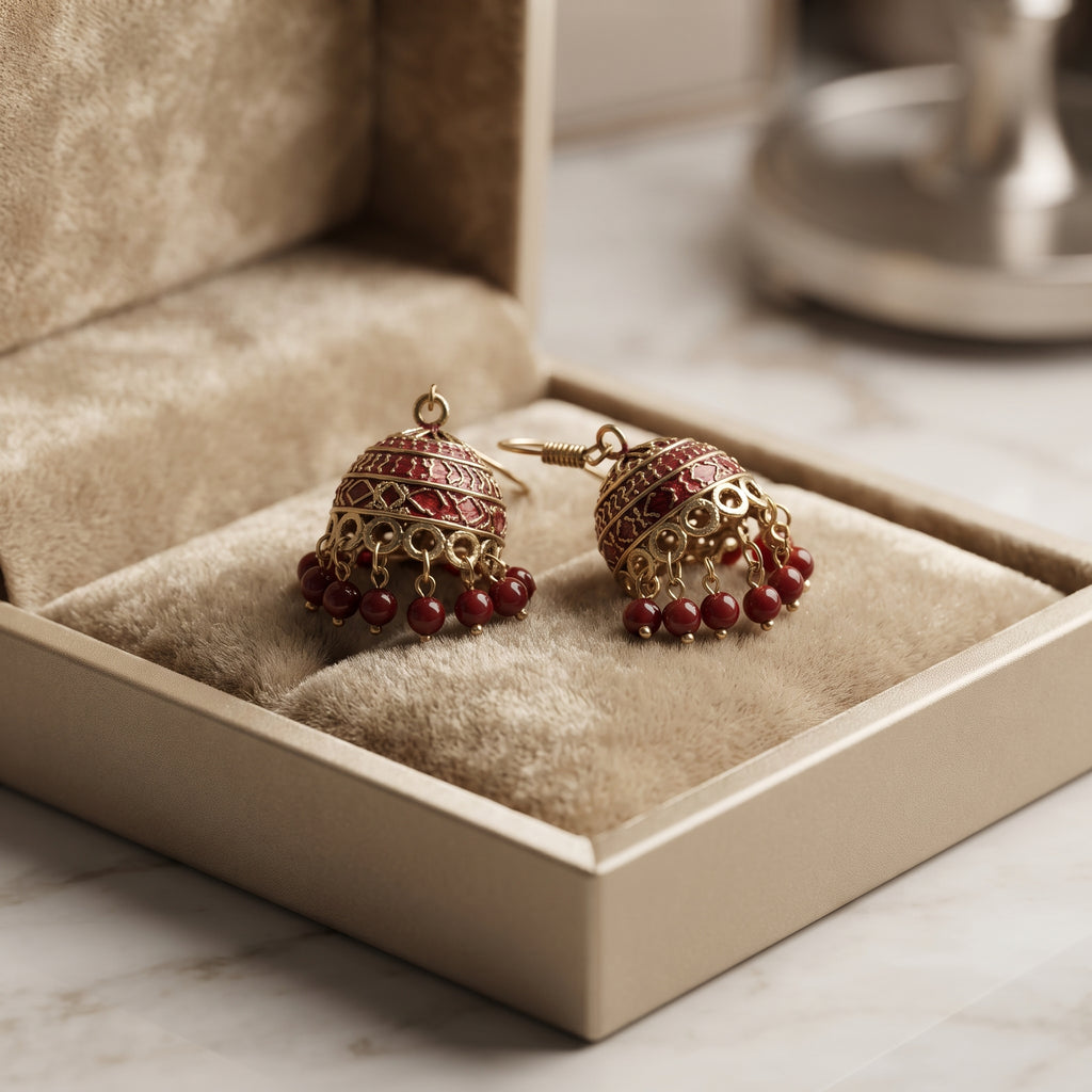 Royal Ruby Jhumki - Handcrafted Gold-Toned Indian Ethnic Danglers