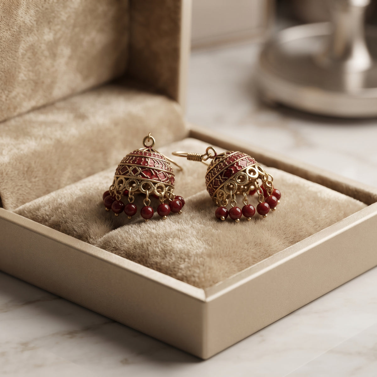 Royal Ruby Jhumki - Handcrafted Gold-Toned Indian Ethnic Danglers