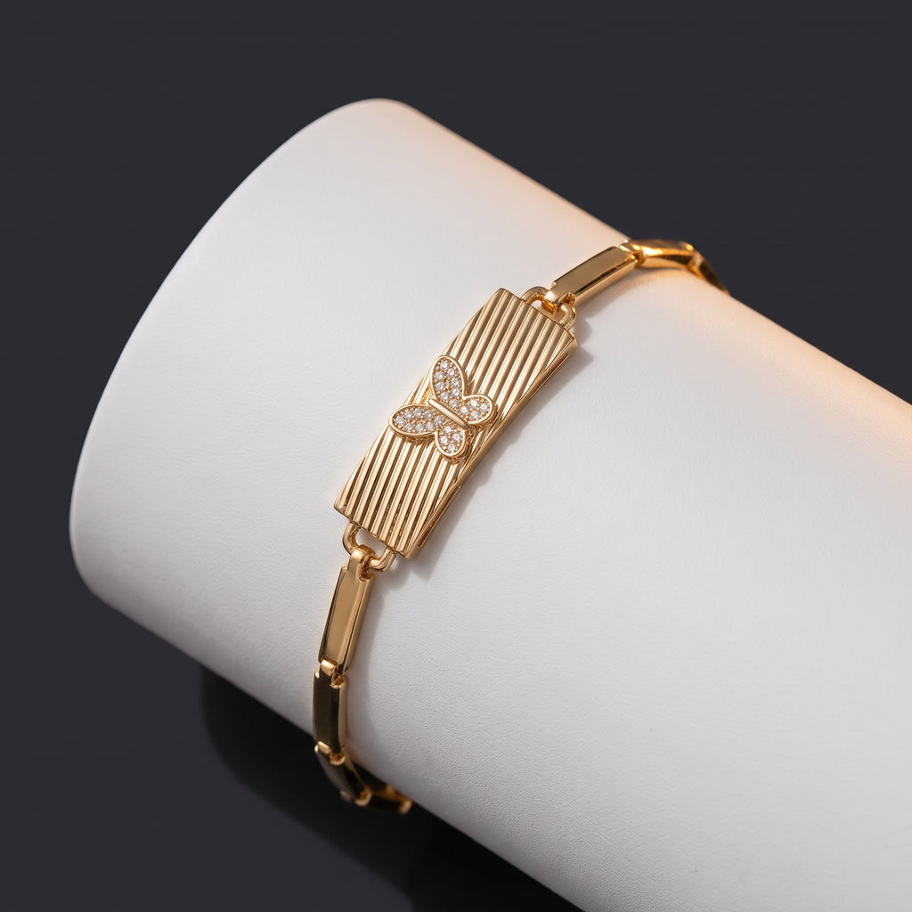 Gold Pavé Butterfly Bracelet - Double-Row Crystal Bar Link Wristlet
