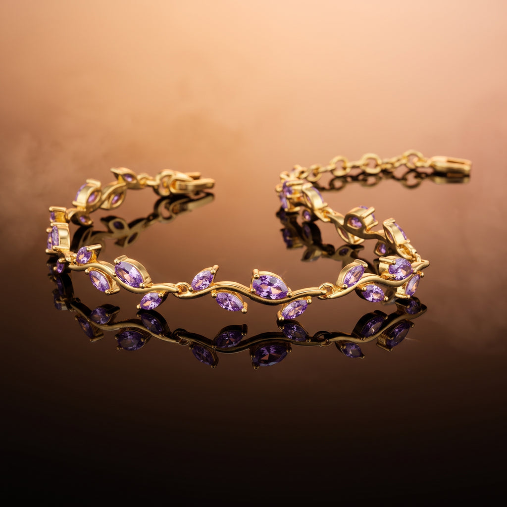 Gold Amethyst Crystal Bracelet - Floral Tulip Link Gemstone Wristlet