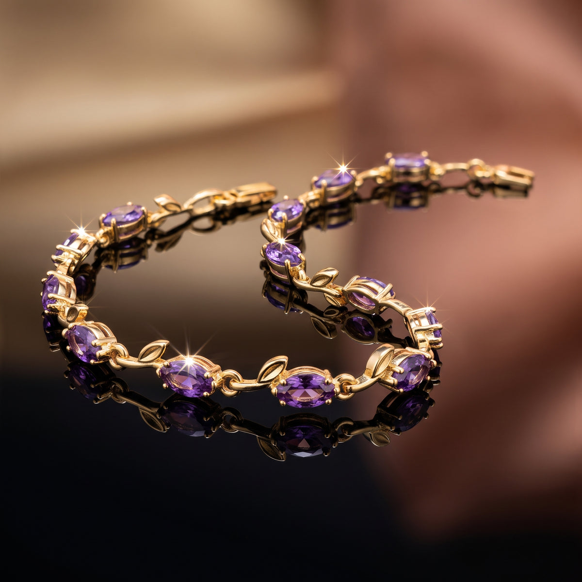 Purple Crystal Tulip Bracelet - Gold Plated Floral Vine Wristlet