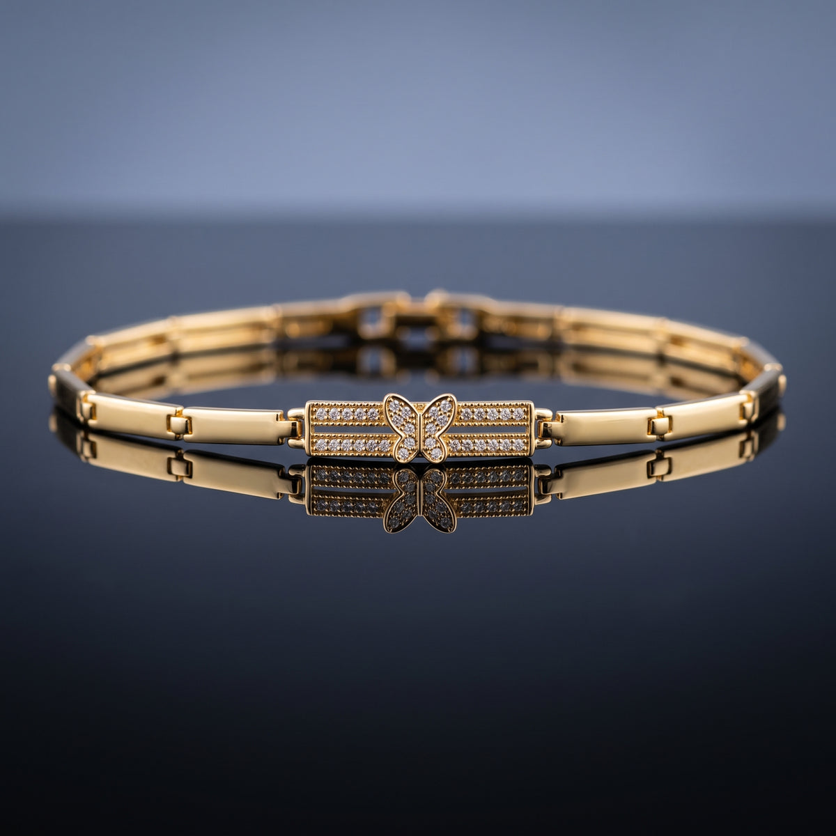 Gold Pavé Butterfly Bracelet - Double-Row Crystal Bar Link Wristlet
