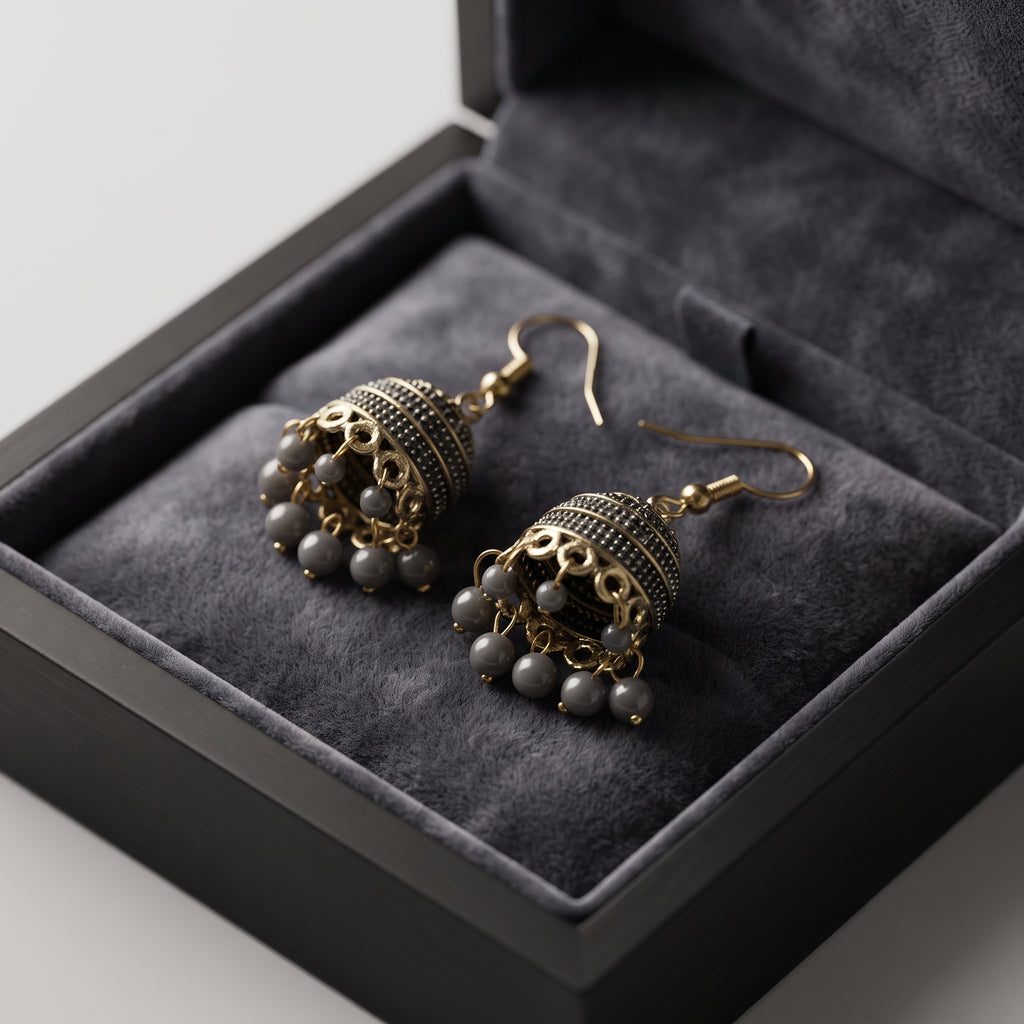 Antique Gold Jhumka - Handcrafted Ethnic Filigree & Bead Earrings