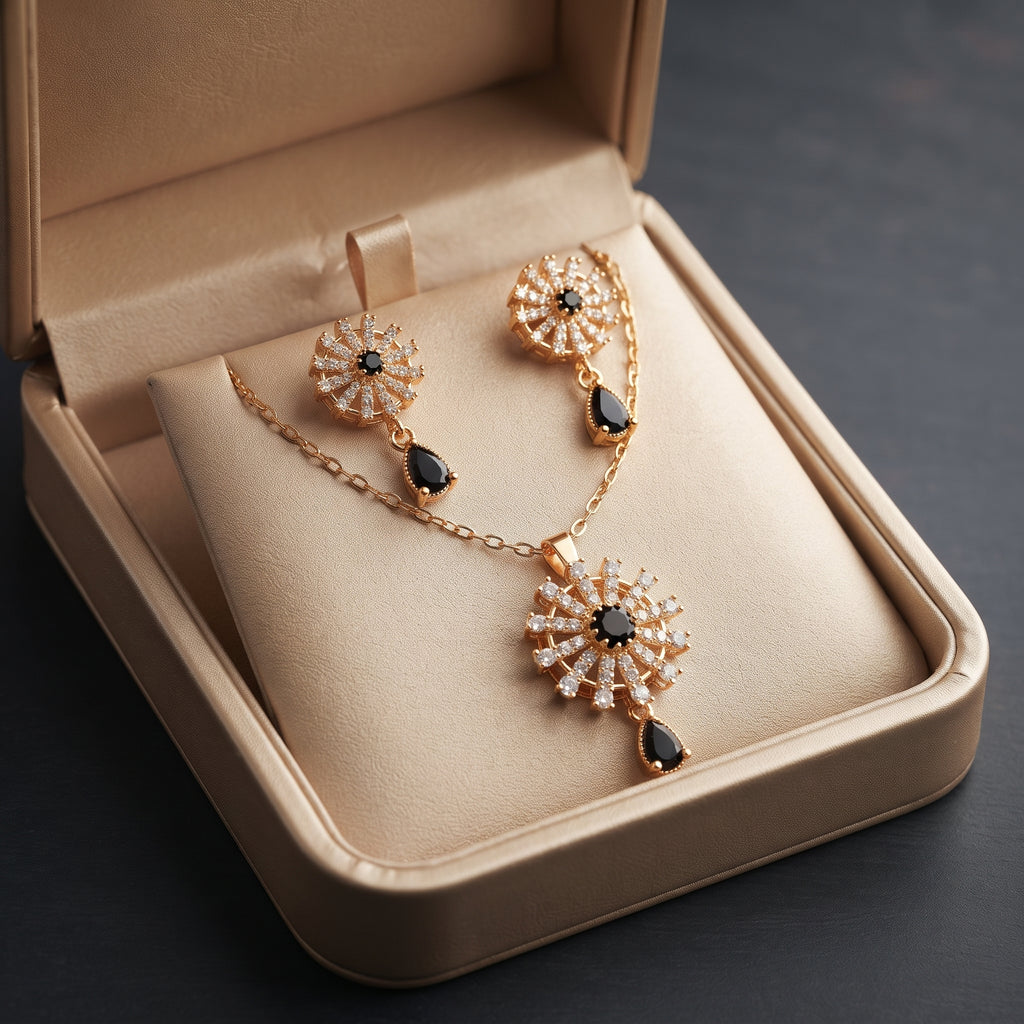 Black Crystal Starburst Necklace Set - Gold Plated Pendant & Drop Earring Set