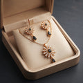 Black Crystal Starburst Necklace Set - Gold Plated Pendant & Drop Earring Set