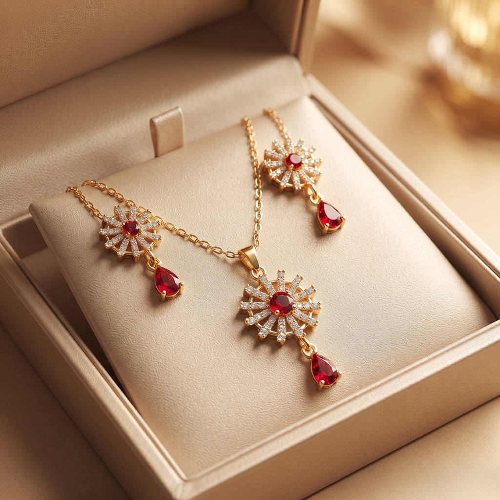 Red Ruby Starburst Necklace Set - Gold Plated Pendant & Drop Earring Set
