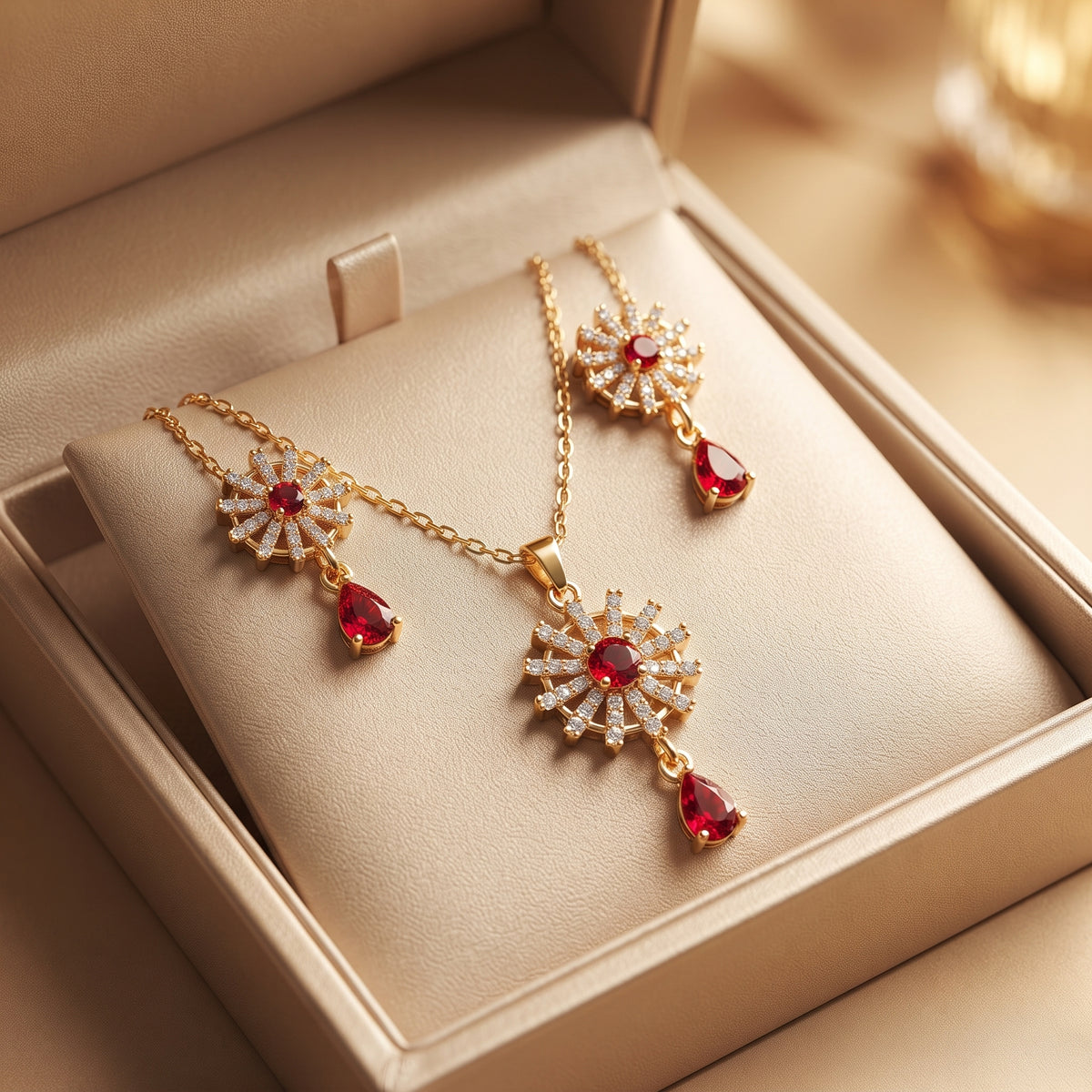 Red Ruby Starburst Necklace Set - Gold Plated Pendant & Drop Earring Set