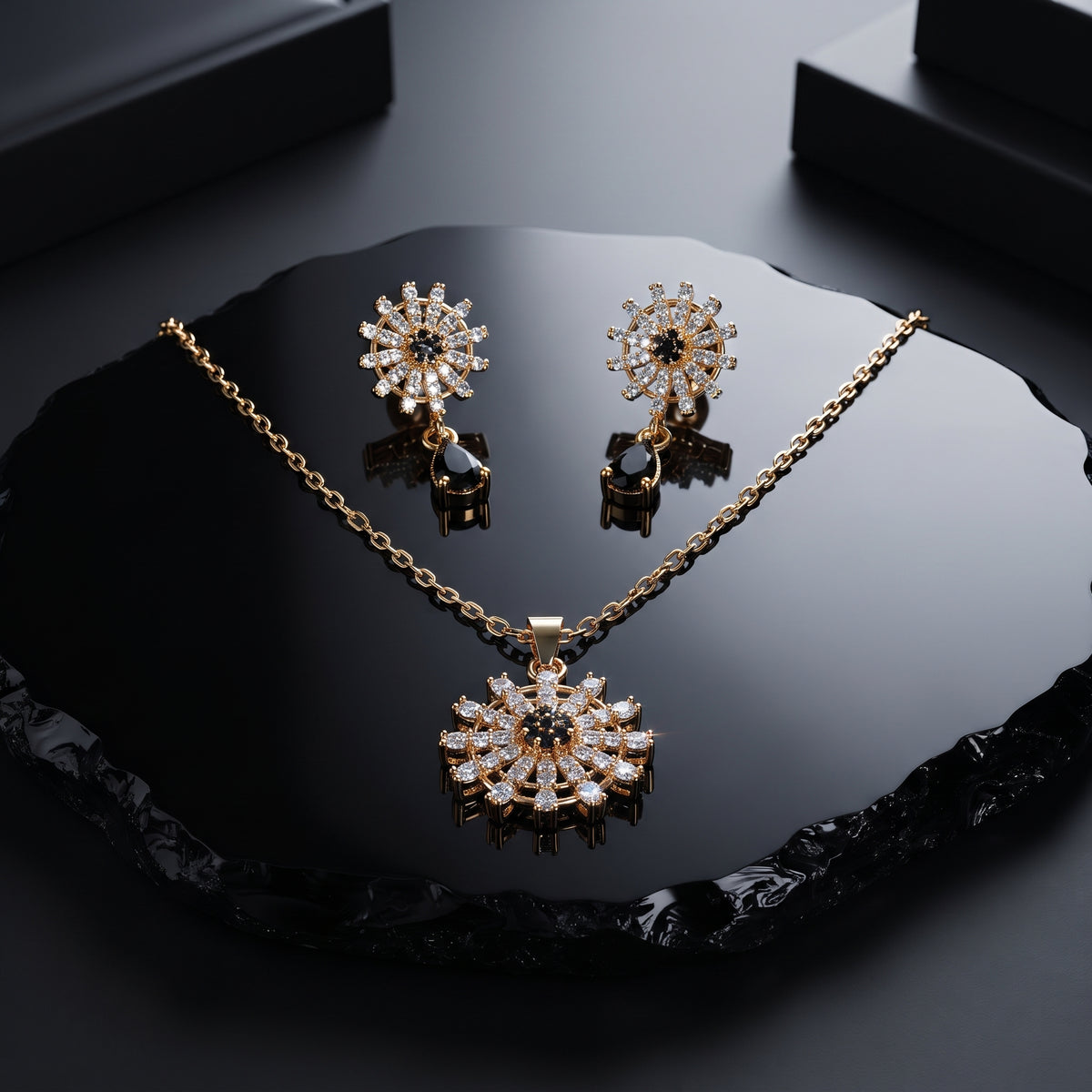 Black Crystal Starburst Necklace Set - Gold Plated Pendant & Drop Earring Set