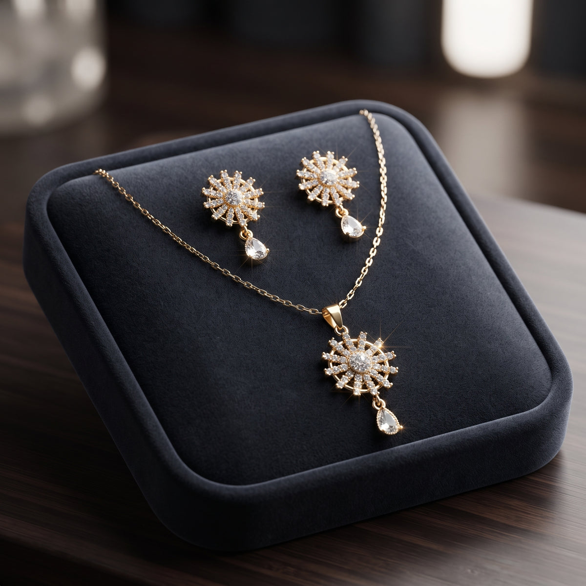 Crystal Starburst Necklace Set - Gold Plated Pendant & Matching Earring Set