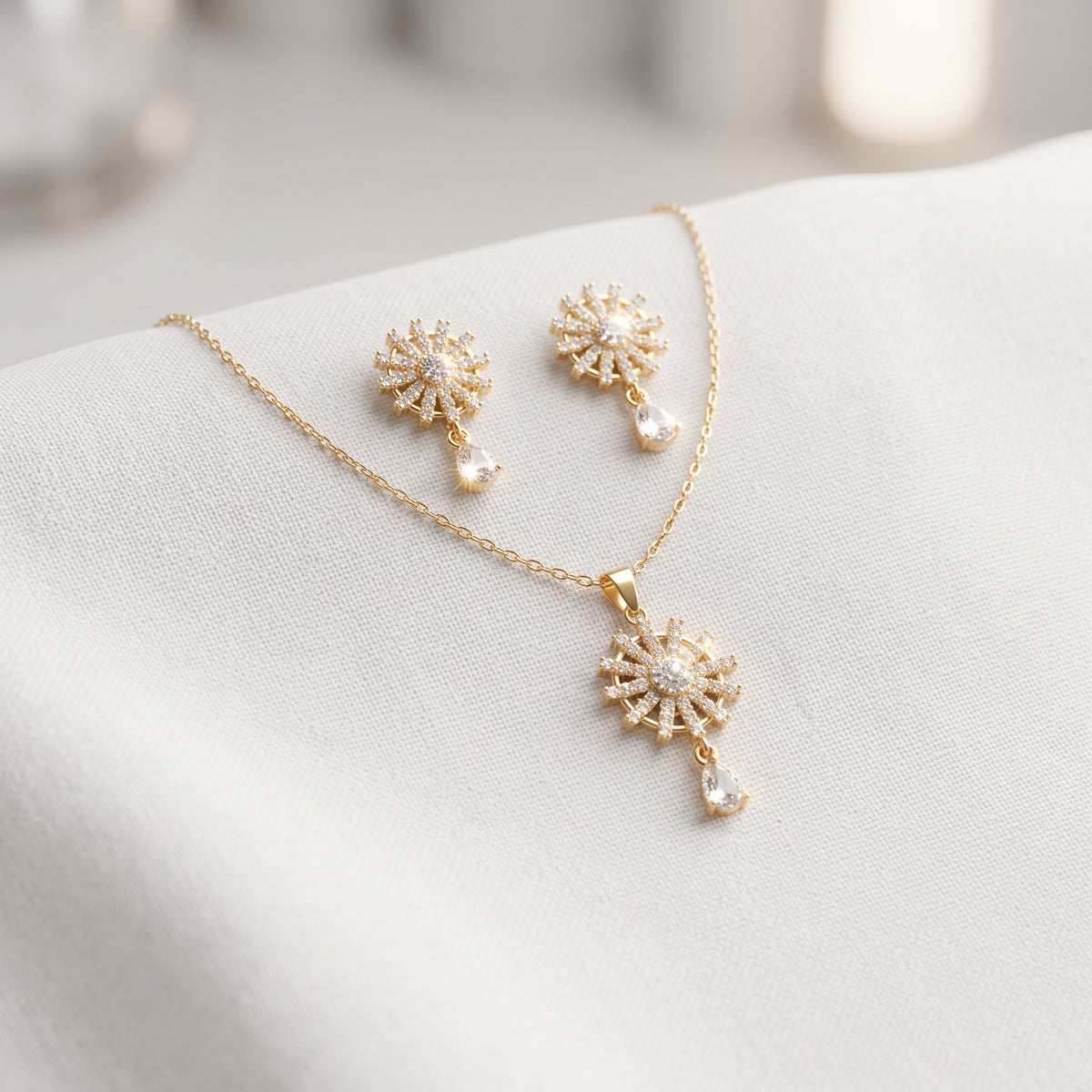 Crystal Starburst Necklace Set - Gold Plated Pendant & Matching Earring Set