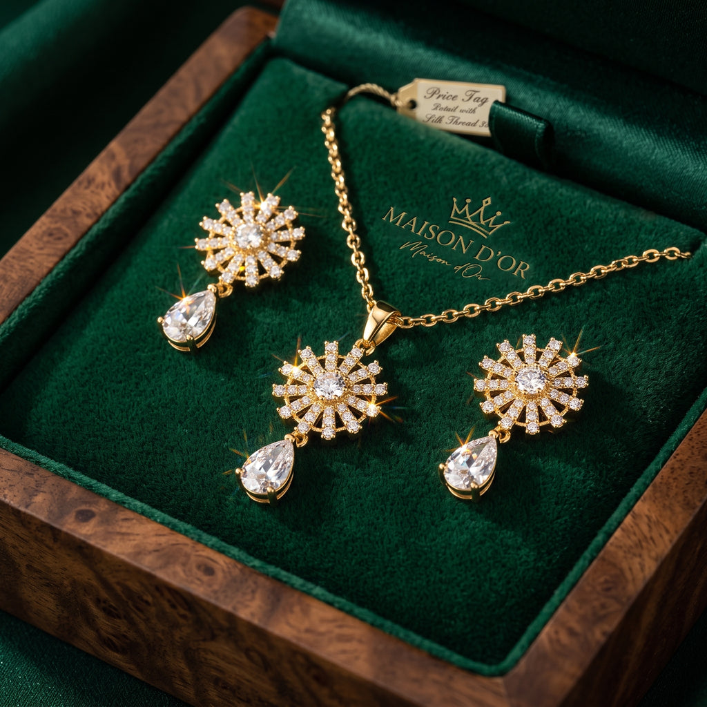 Crystal Starburst Necklace Set - Gold Plated Pendant & Matching Earring Set