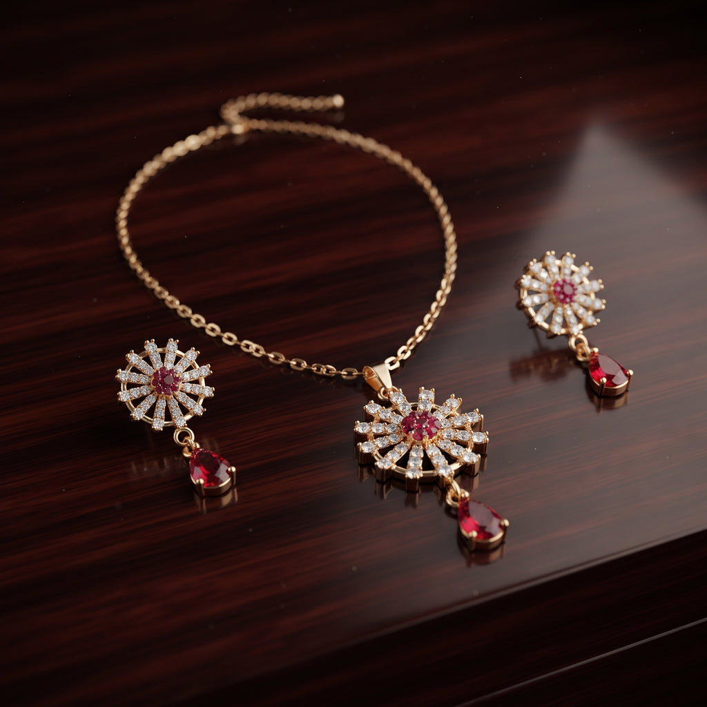 Red Ruby Starburst Necklace Set - Gold Plated Pendant & Drop Earring Set
