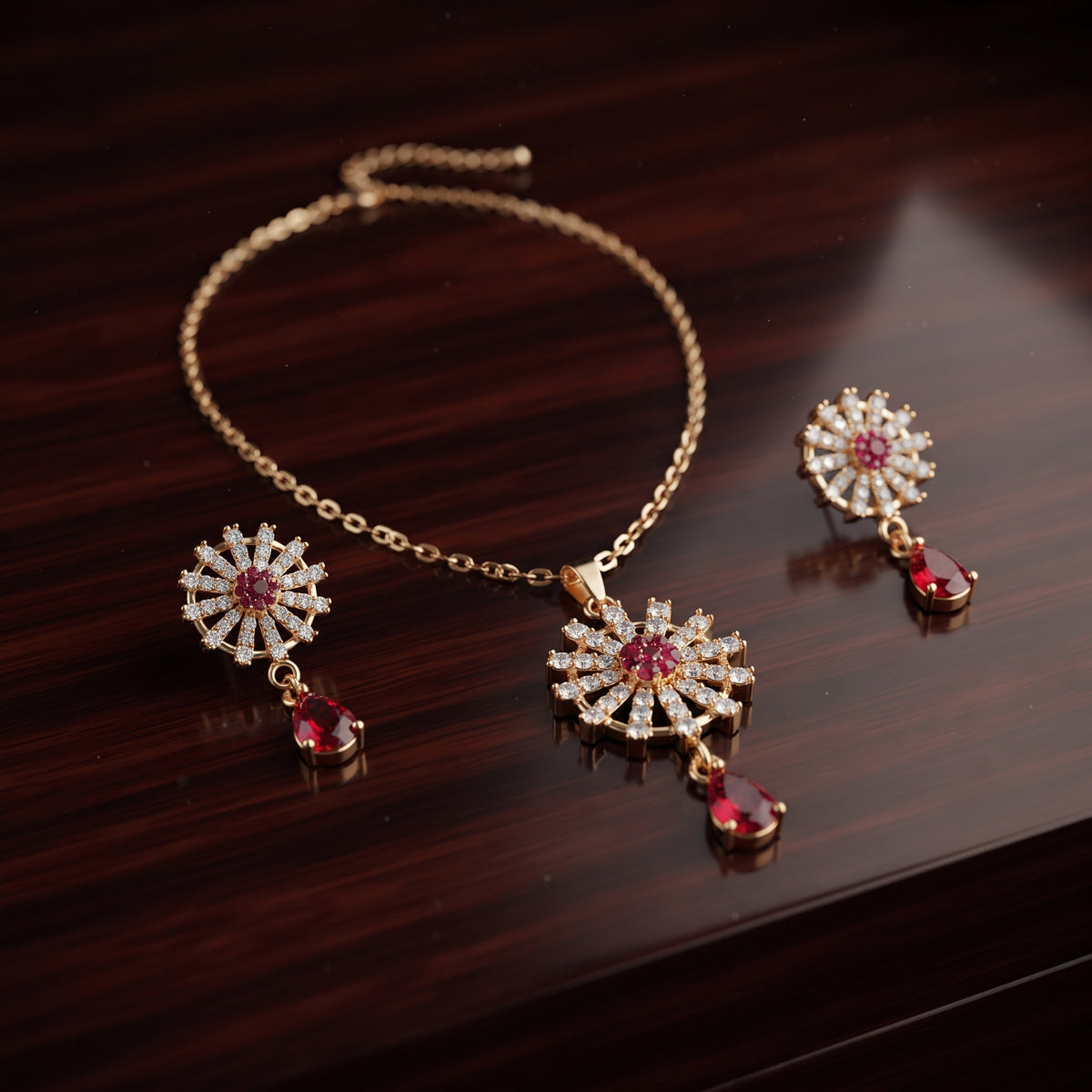 Red Ruby Starburst Necklace Set - Gold Plated Pendant & Drop Earring Set
