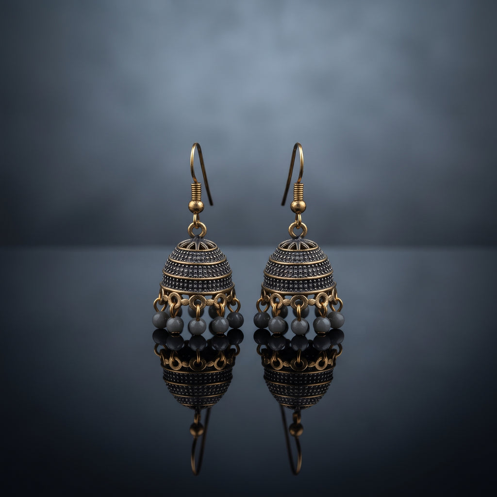 Antique Gold Jhumka - Handcrafted Ethnic Filigree & Bead Earrings