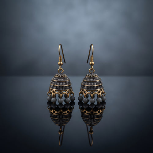 Antique Gold Jhumka - Handcrafted Ethnic Filigree & Bead Earrings