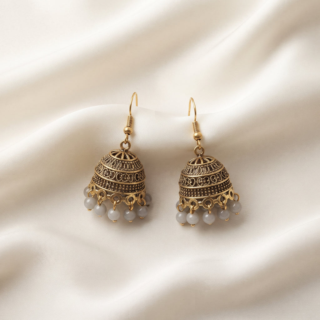 Antique Gold Jhumka - Handcrafted Ethnic Filigree & Bead Earrings