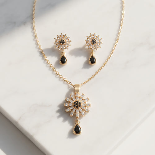 Black Crystal Starburst Necklace Set - Gold Plated Pendant & Drop Earring Set