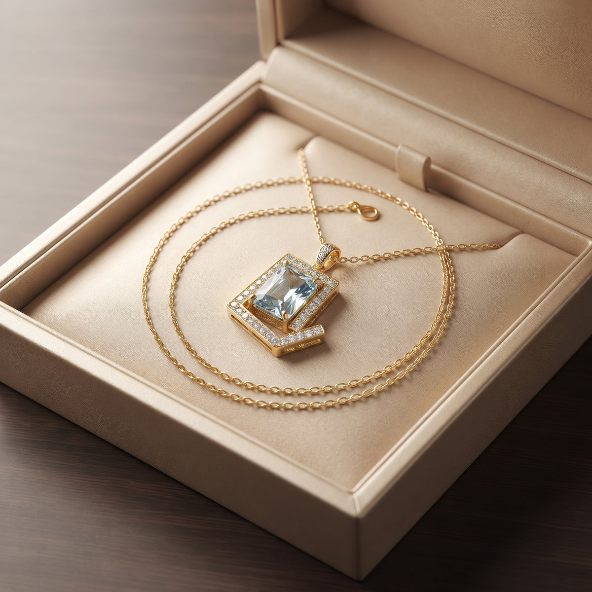 Light Blue Crystal Pendant Necklace - Gold Plated Emerald Cut Geometric Halo
