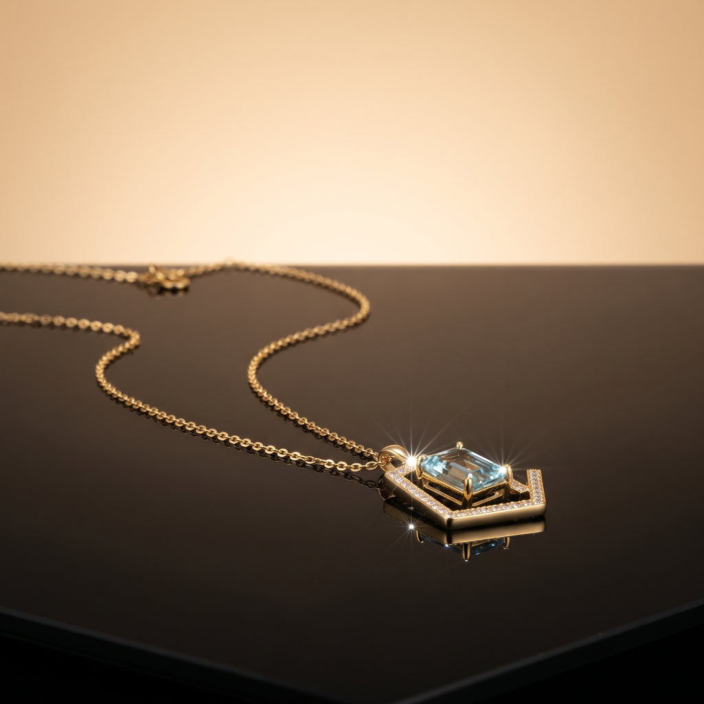 Light Blue Crystal Pendant Necklace - Gold Plated Emerald Cut Geometric Halo