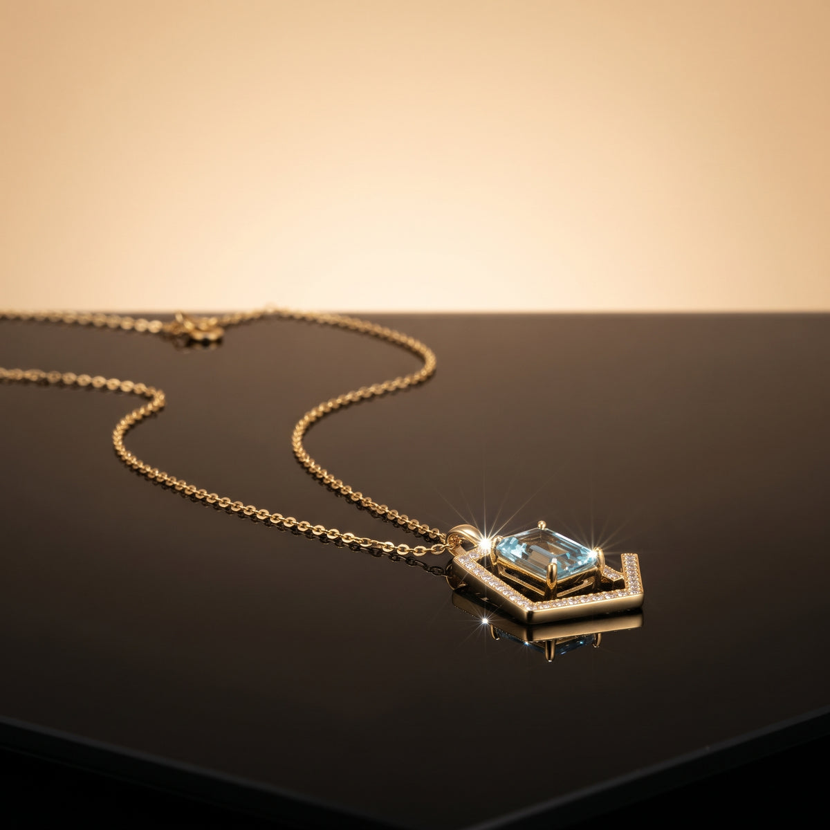 Light Blue Crystal Pendant Necklace - Gold Plated Emerald Cut Geometric Halo
