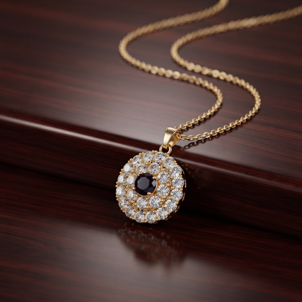 Gold Pavé Black Crystal Necklace - Dainty Round Medallion Pendant