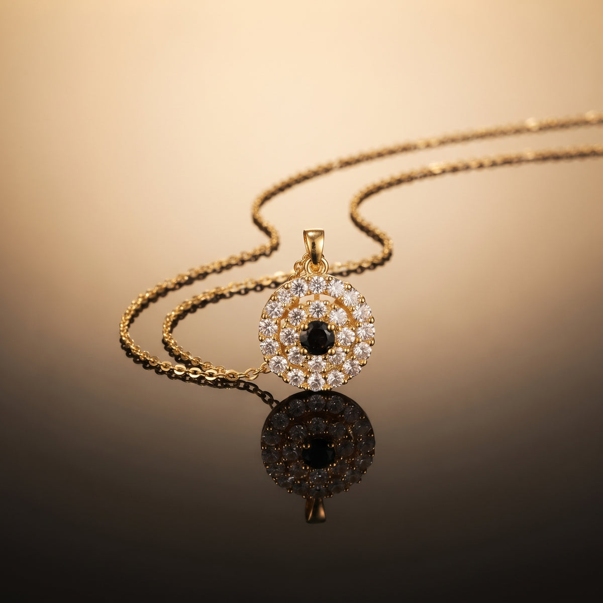 Gold Pavé Black Crystal Necklace - Dainty Round Medallion Pendant