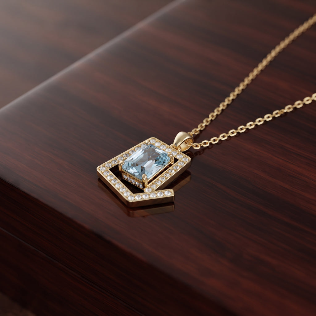 Light Blue Crystal Pendant Necklace - Gold Plated Emerald Cut Geometric Halo