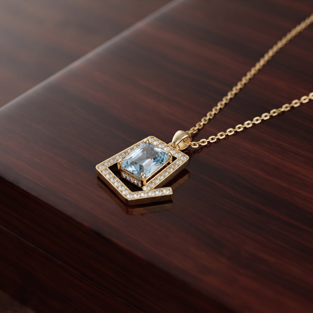 Light Blue Crystal Pendant Necklace - Gold Plated Emerald Cut Geometric Halo