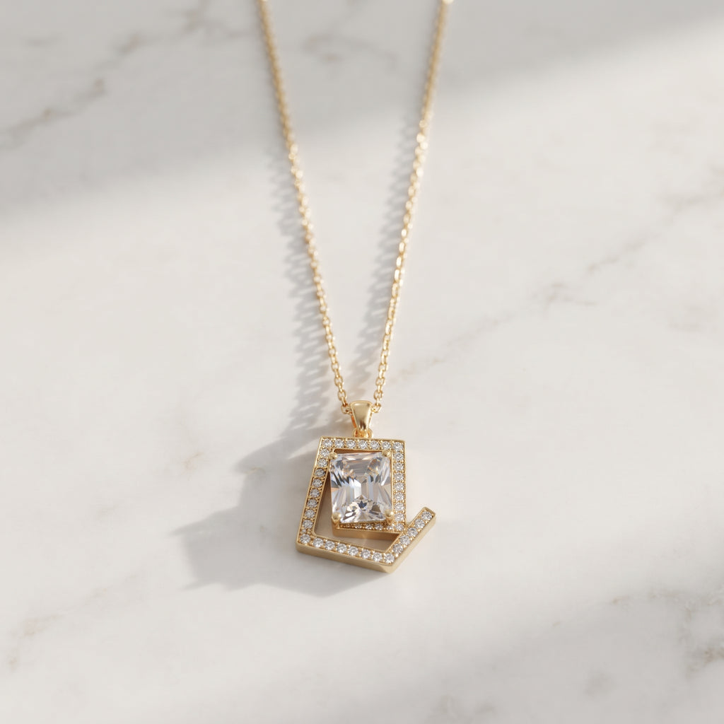 Light Blue Crystal Pendant Necklace - Gold Plated Emerald Cut Geometric Halo