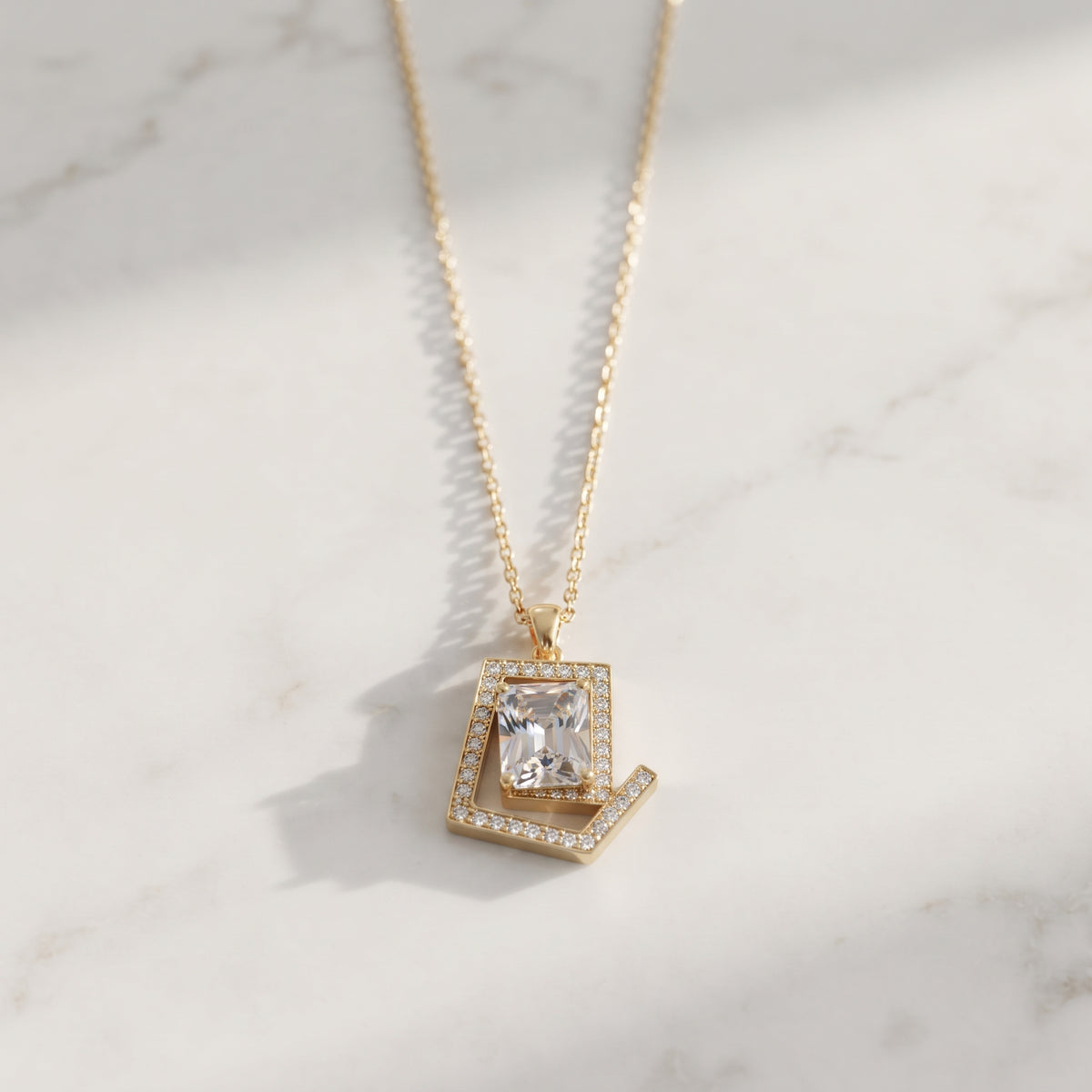 Light Blue Crystal Pendant Necklace - Gold Plated Emerald Cut Geometric Halo
