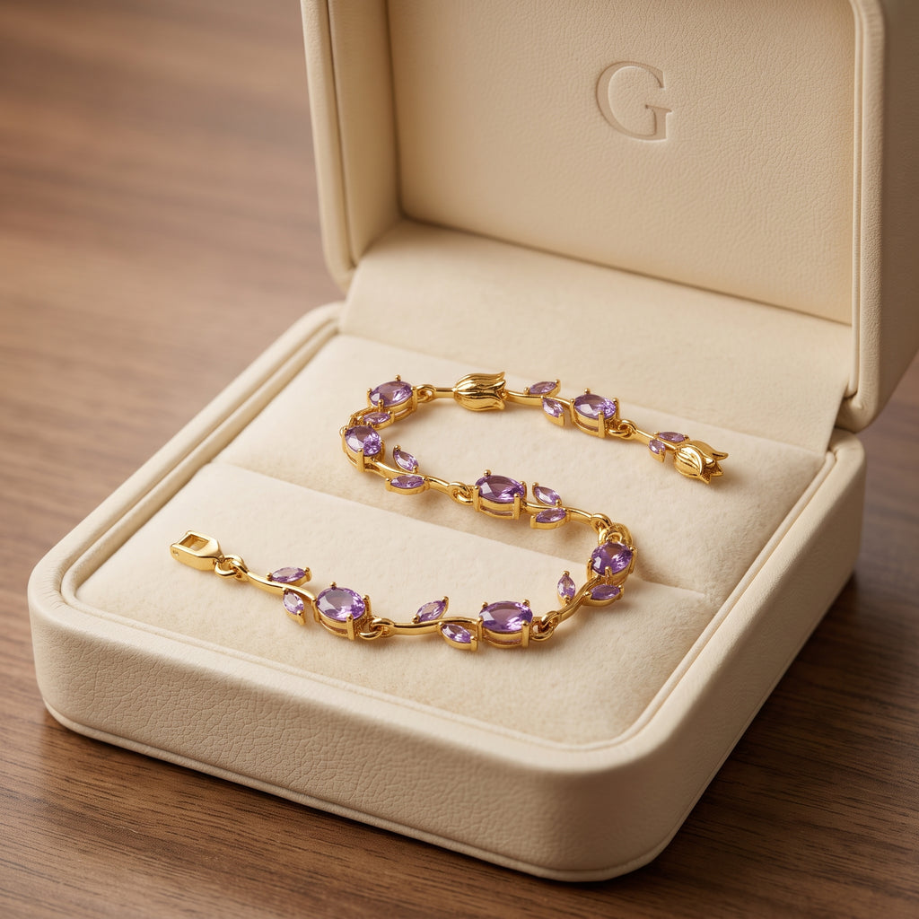 Gold Amethyst Crystal Bracelet - Floral Tulip Link Gemstone Wristlet