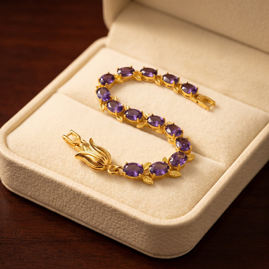 Purple Crystal Tulip Bracelet - Gold Plated Floral Vine Wristlet