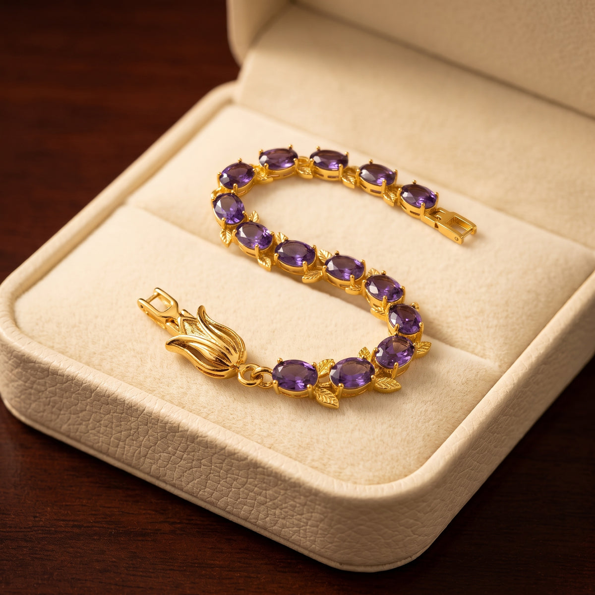 Purple Crystal Tulip Bracelet - Gold Plated Floral Vine Wristlet